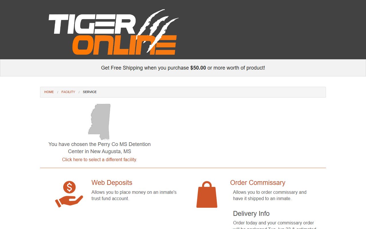 Perry County Jail inmate commissary and money deposit page